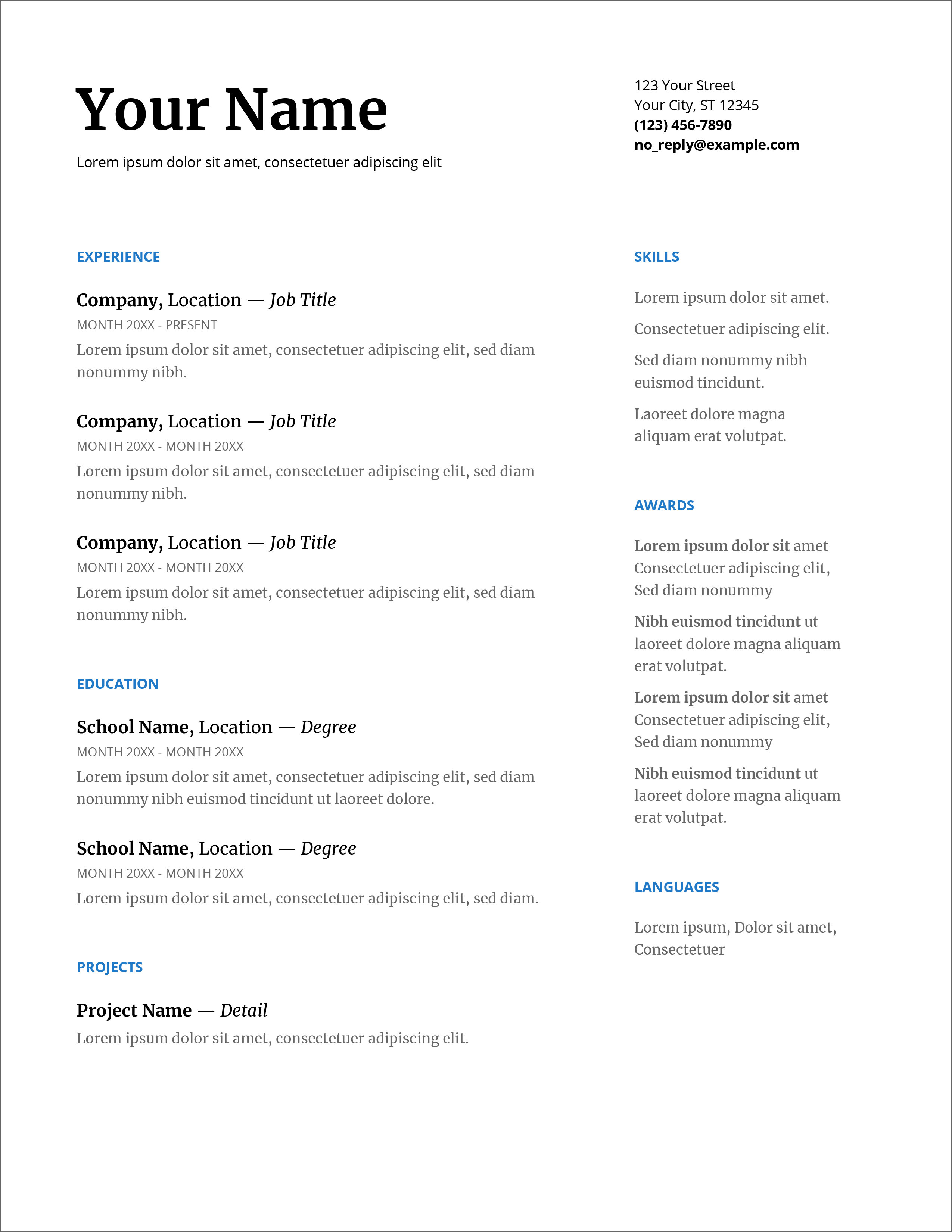 One Page Resume Template Google Docs
